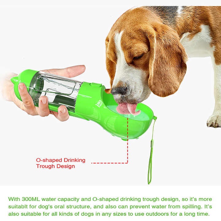 NNEDSZ Green Portable Pet Water Bottle with Waste Bag Dispenser - 300ml Leak-Proof Travel Hydration Solution