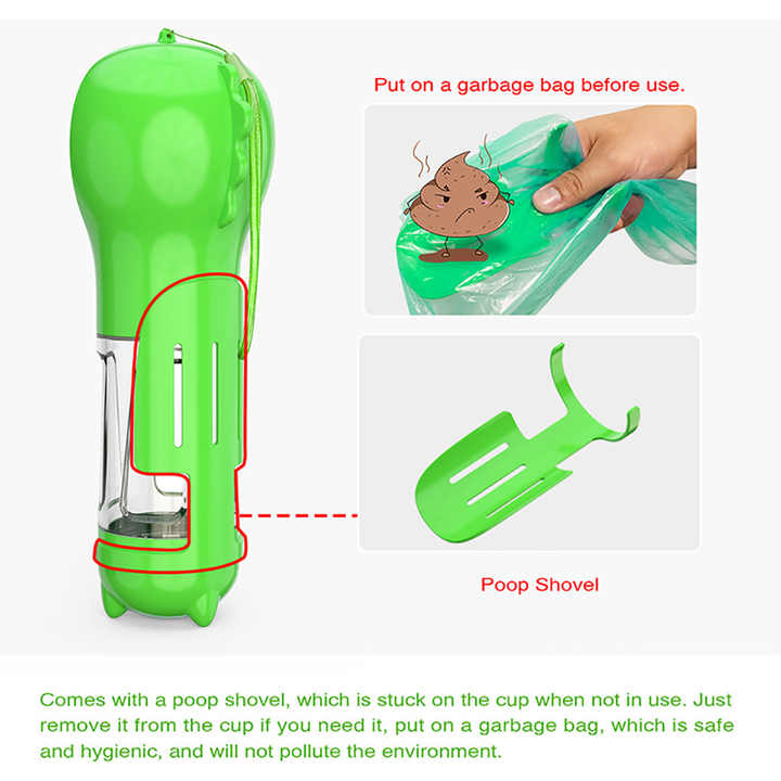 NNEDSZ Green Portable Pet Water Bottle with Waste Bag Dispenser - 300ml Leak-Proof Travel Hydration Solution