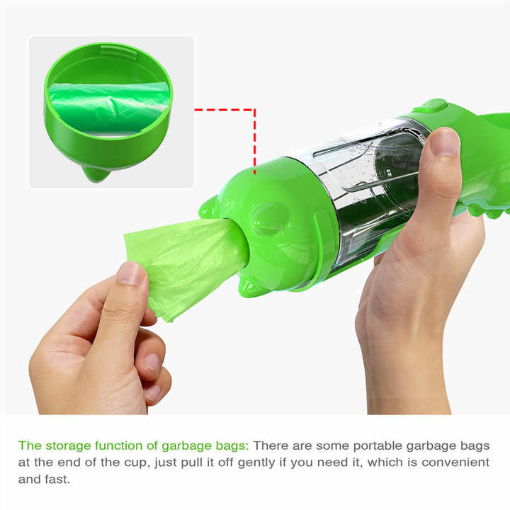 NNEDSZ Green Portable Pet Water Bottle with Waste Bag Dispenser - 300ml Leak-Proof Travel Hydration Solution